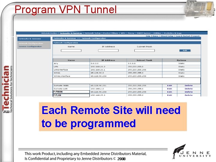 Program VPN Tunnel Each Remote Site will need to be programmed 2008 