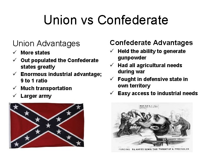 Union vs Confederate Union Advantages Confederate Advantages ü More states ü Out populated the