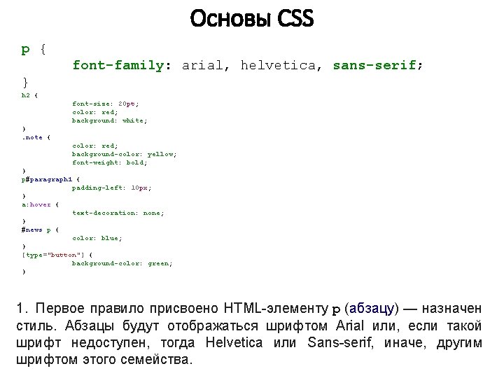 Основы CSS p { font-family: arial, helvetica, sans-serif; } h 2 { font-size: 20