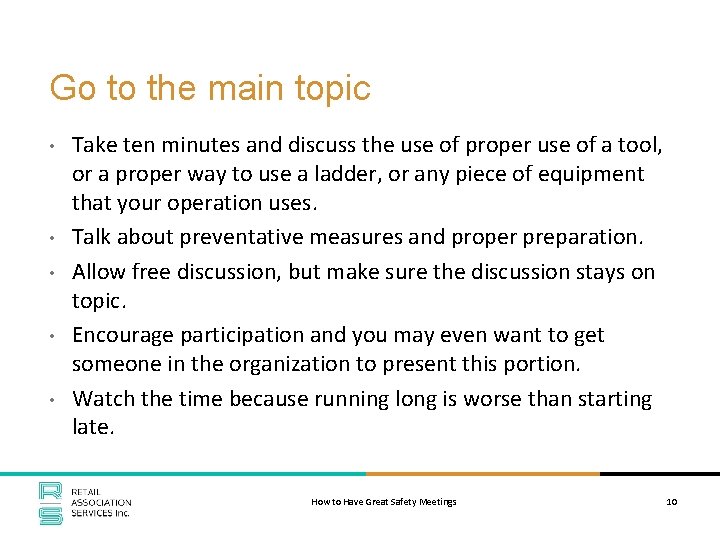 Go to the main topic • • • Take ten minutes and discuss the