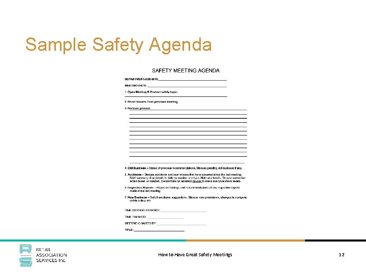 Sample Safety Agenda How to Have Great Safety Meetings 12 
