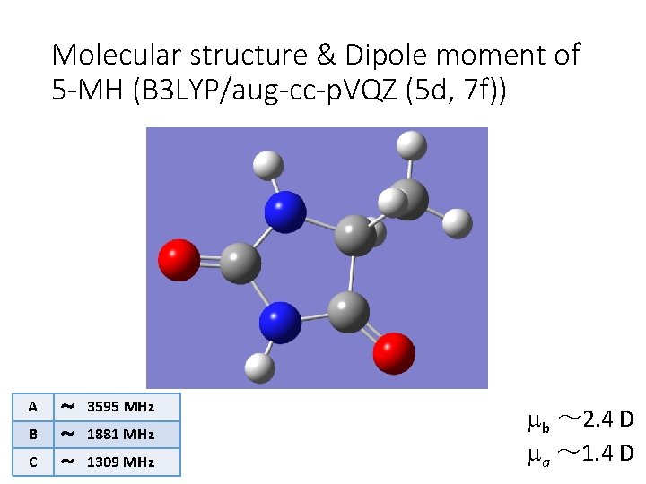 Molecular structure & Dipole moment of 5 -MH (B 3 LYP/aug-cc-p. VQZ (5 d,