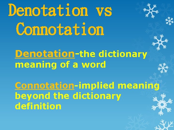 Denotation vs Connotation Denotation-the dictionary meaning of a word Connotation-implied meaning beyond the dictionary Denotation vs Connotation Denotation-the dictionary meaning of a word Connotation-implied meaning beyond the dictionary