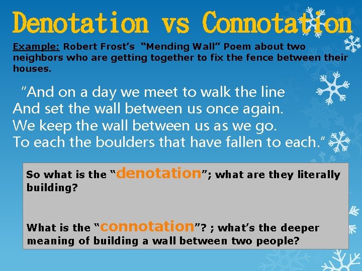 Denotation vs Connotation Example: Robert Frost’s “Mending Wall” Poem about two neighbors who are Denotation vs Connotation Example: Robert Frost’s “Mending Wall” Poem about two neighbors who are