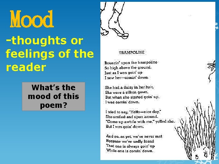 Mood -thoughts or feelings of the reader What’s the mood of this poem? Mood -thoughts or feelings of the reader What’s the mood of this poem?