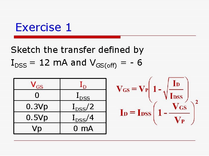 Exercise 1 Sketch the transfer defined by IDSS = 12 m. A and VGS(off)