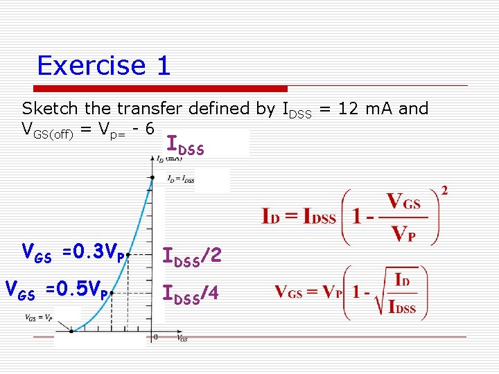 Exercise 1 Sketch the transfer defined by IDSS = 12 m. A and VGS(off)