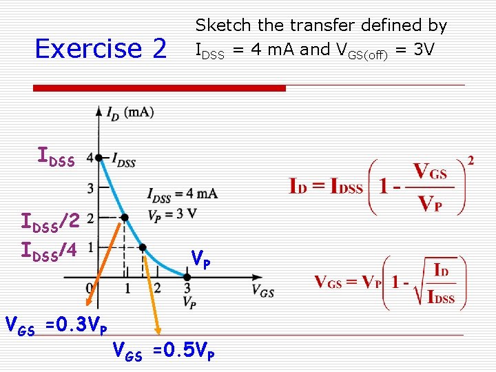Exercise 2 Sketch the transfer defined by IDSS = 4 m. A and VGS(off)