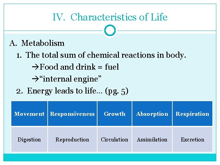 IV. Characteristics of Life A. Metabolism 1. The total sum of chemical reactions in