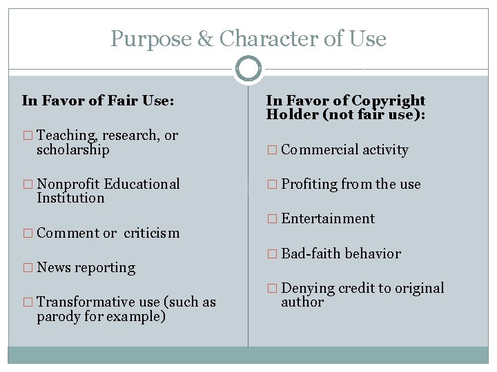 Purpose & Character of Use In Favor of Fair Use: � Teaching, research, or