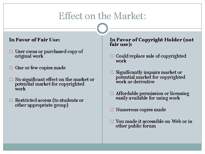 Effect on the Market: In Favor of Fair Use: � User owns or purchased