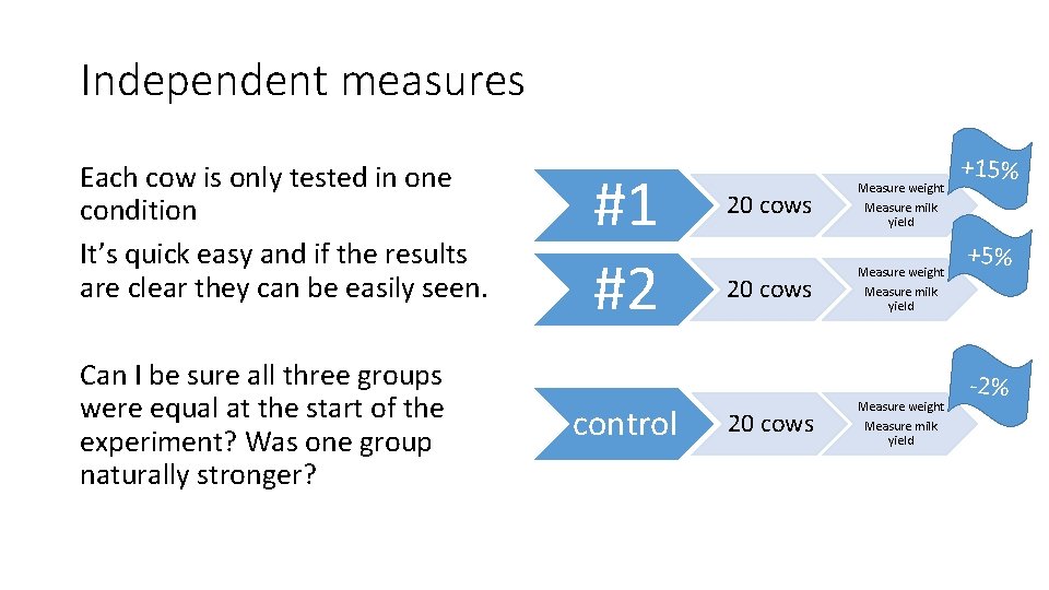 Independent measures Each cow is only tested in one condition It’s quick easy and