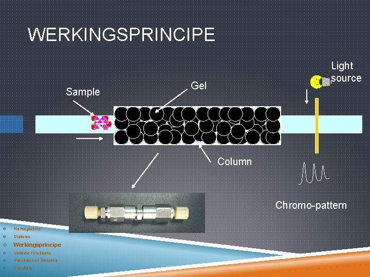 WERKINGSPRINCIPE Sample Light source Gel Column Chromo-pattern Hemoglobine Diabetes Werkingsprincipe Validatie / Verificatie Resultaten