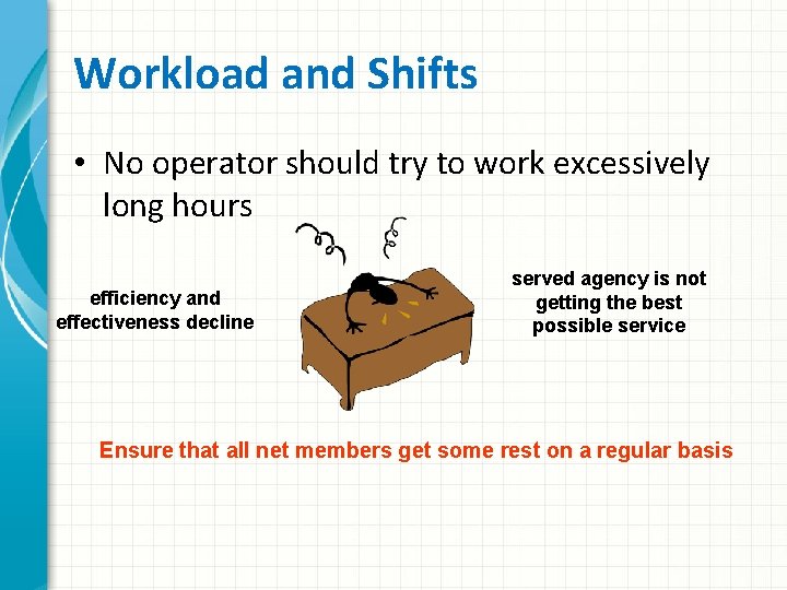 Workload and Shifts • No operator should try to work excessively long hours efficiency