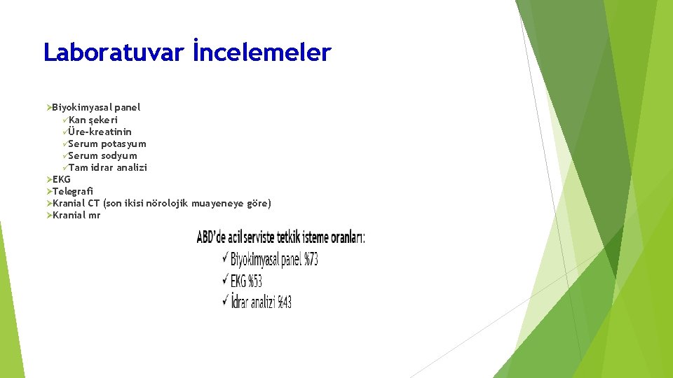 Laboratuvar İncelemeler Biyokimyasal panel Kan şekeri Üre-kreatinin Serum potasyum Serum sodyum Tam idrar analizi