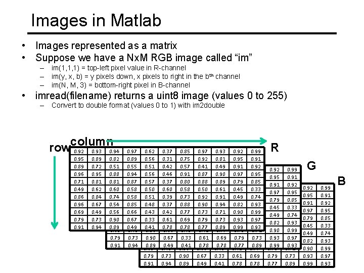 Images in Matlab • Images represented as a matrix • Suppose we have a