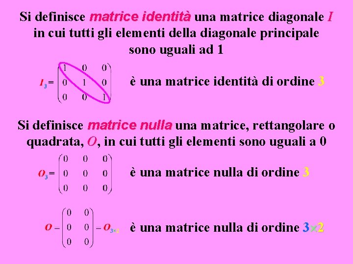 Si definisce matrice identità una matrice diagonale I in cui tutti gli elementi della