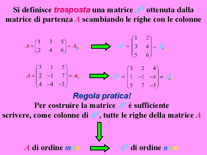 Si definisce trasposta una matrice AT ottenuta dalla matrice di partenza A scambiando le