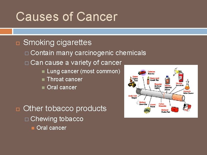 Causes of Cancer Smoking cigarettes � Contain many carcinogenic chemicals � Can cause a
