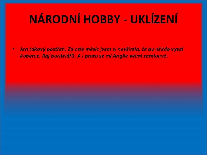 NÁRODNÍ HOBBY - UKLÍZENÍ • Jen takový postřeh. Za celý měsíc jsem si nevšimla,