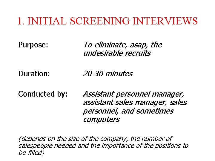 1. INITIAL SCREENING INTERVIEWS Purpose: To eliminate, asap, the undesirable recruits Duration: 20 -30