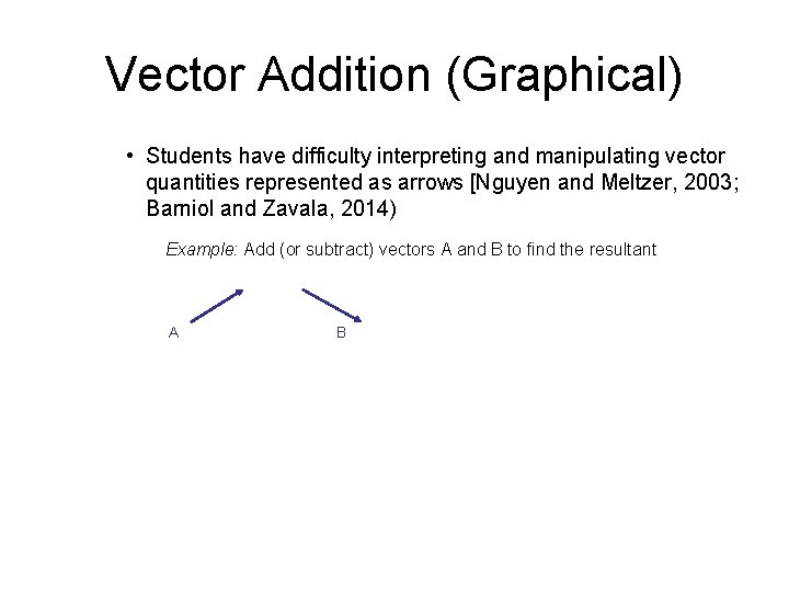 Vector Addition (Graphical) • Students have difficulty interpreting and manipulating vector quantities represented as