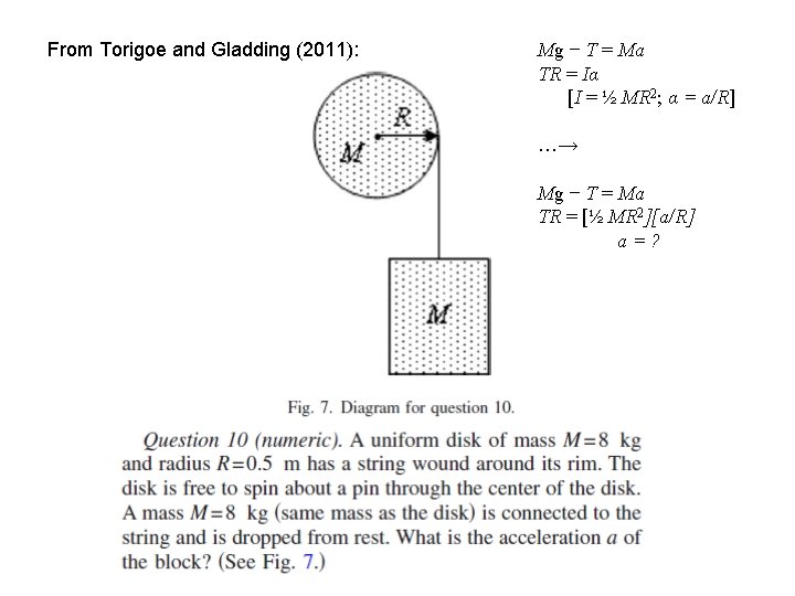 From Torigoe and Gladding (2011): Mg − T = Ma TR = Iα [I