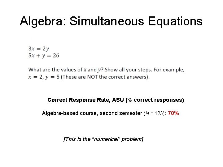 Algebra: Simultaneous Equations Correct Response Rate, ASU (% correct responses) Algebra-based course, second semester