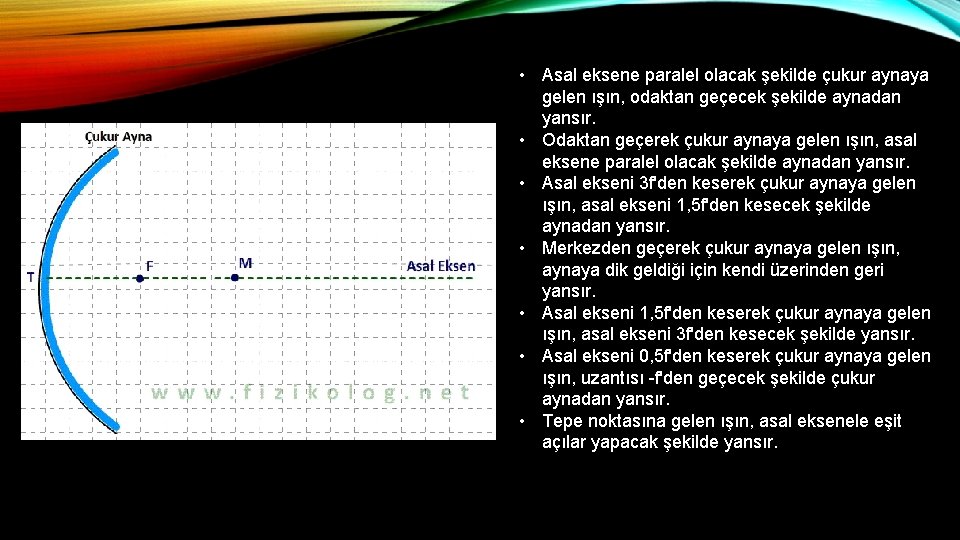  • Asal eksene paralel olacak şekilde çukur aynaya gelen ışın, odaktan geçecek şekilde