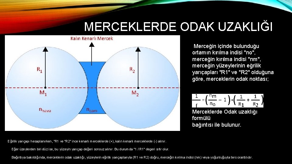 MERCEKLERDE ODAK UZAKLIĞI Merceğin içinde bulunduğu ortamın kırılma indisi "no", merceğin kırılma indisi "nm",