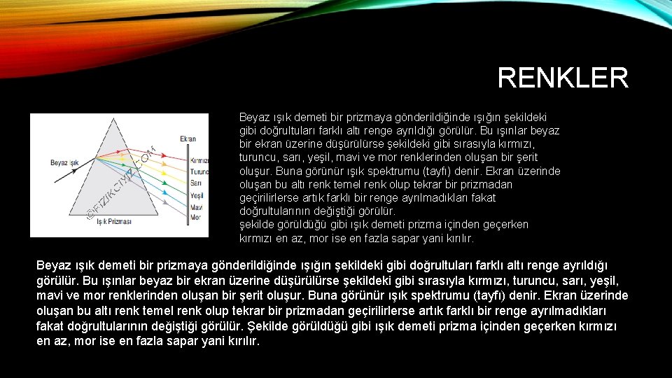 RENKLER Beyaz ışık demeti bir prizmaya gönderildiğinde ışığın şekildeki gibi doğrultuları farklı altı renge