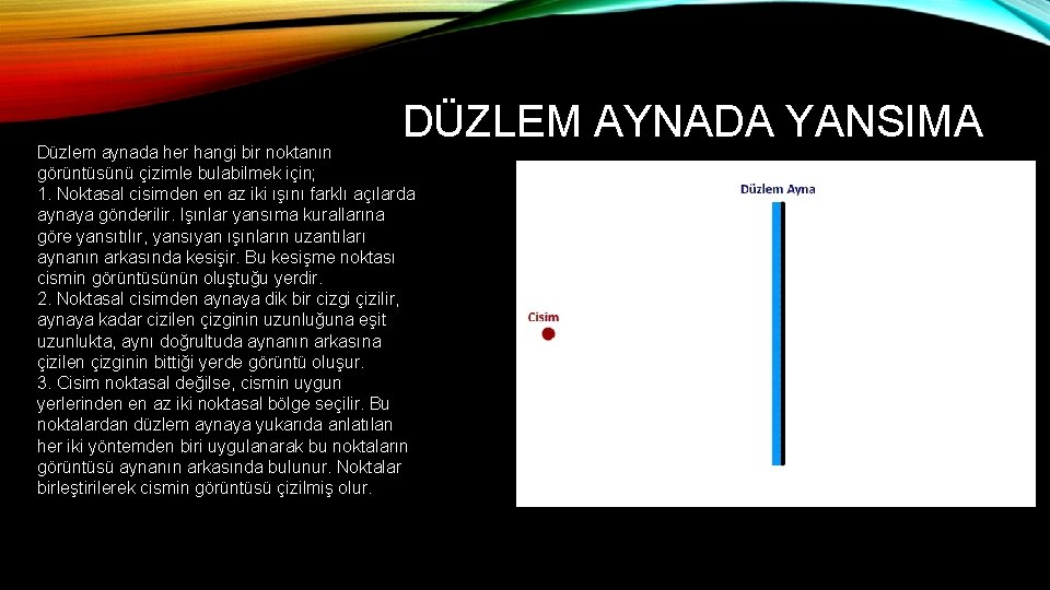 DÜZLEM AYNADA YANSIMA Düzlem aynada her hangi bir noktanın görüntüsünü çizimle bulabilmek için; 1.