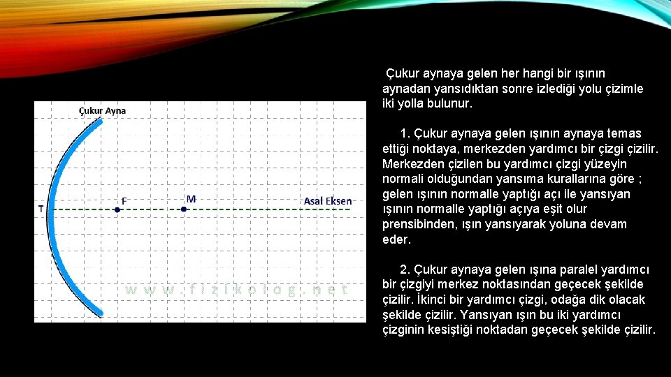 Çukur aynaya gelen her hangi bir ışının aynadan yansıdıktan sonre izlediği yolu çizimle iki