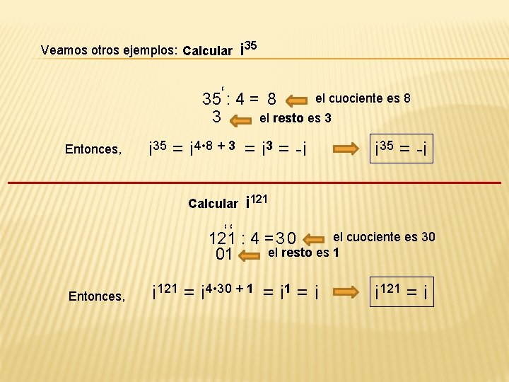 Veamos otros ejemplos: Calcular i 35 el cuociente es 8 35‘ : 4 =