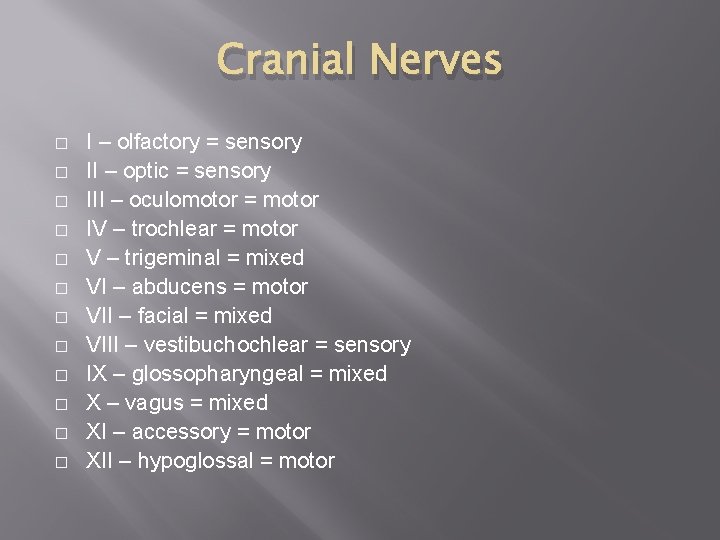 Cranial Nerves � � � I – olfactory = sensory II – optic =