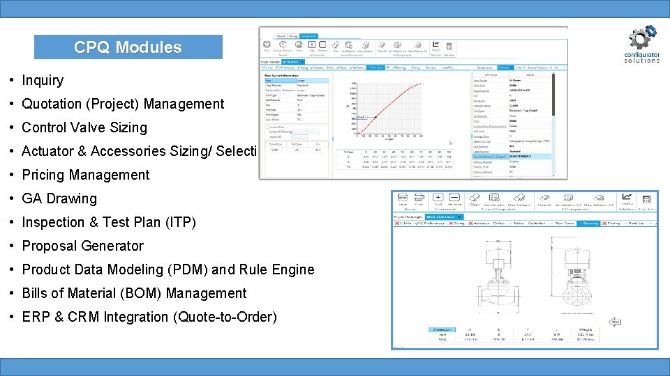 CPQ Modules • Inquiry • Quotation (Project) Management • Control Valve Sizing • Actuator CPQ Modules • Inquiry • Quotation (Project) Management • Control Valve Sizing • Actuator