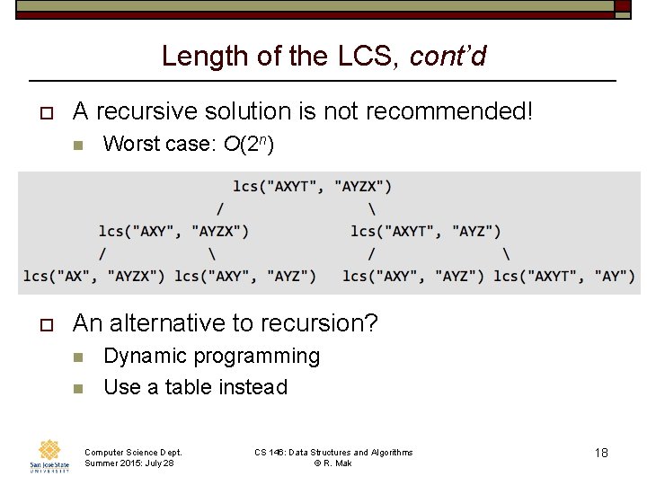 Length of the LCS, cont’d o A recursive solution is not recommended! n o