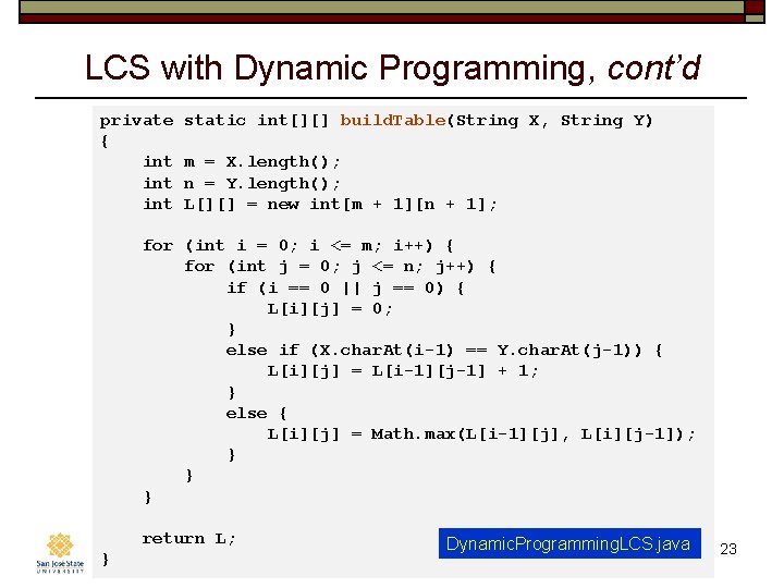 LCS with Dynamic Programming, cont’d private { int int static int[][] build. Table(String X,