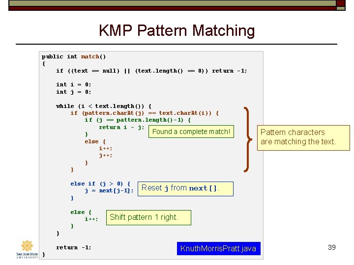 KMP Pattern Matching public int match() { if ((text == null) || (text. length()