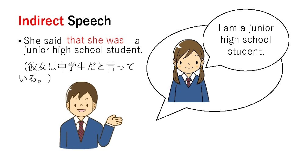 Indirect Speech • She said that she was a junior high school student. （彼女は中学生だと言って