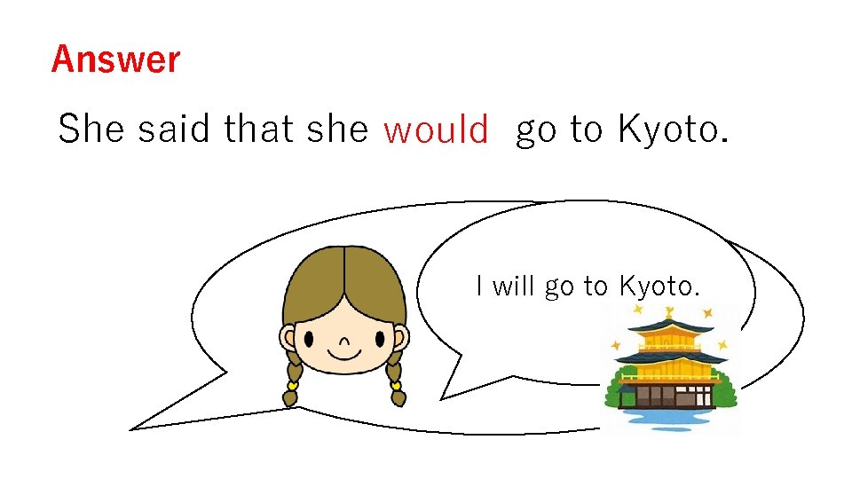 Answer She said that she would go to Kyoto. I will go to Kyoto.
