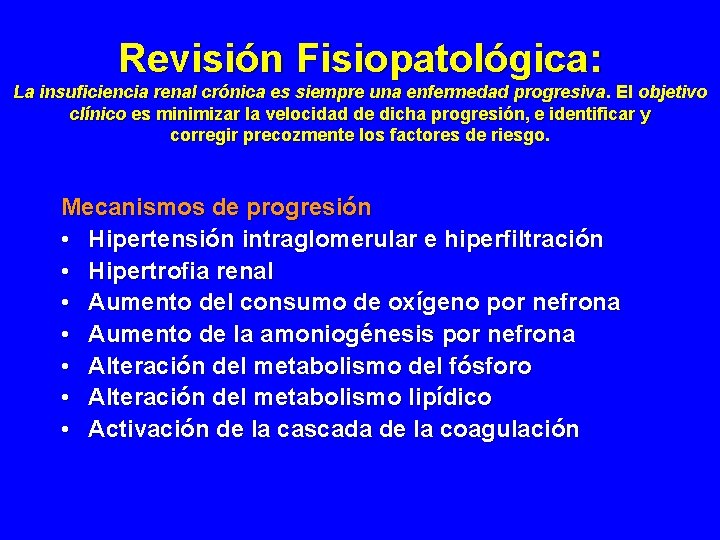 Revisión Fisiopatológica: La insuficiencia renal crónica es siempre una enfermedad progresiva. El objetivo clínico Revisión Fisiopatológica: La insuficiencia renal crónica es siempre una enfermedad progresiva. El objetivo clínico