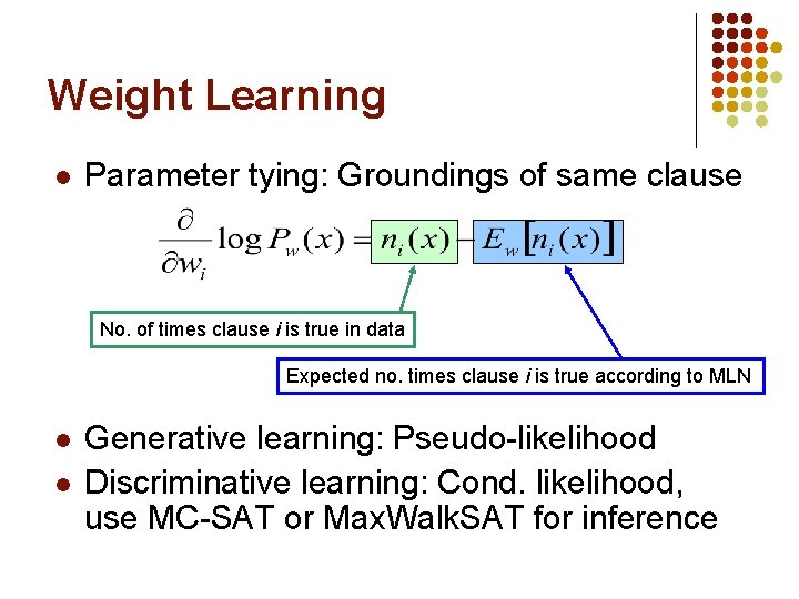 Weight Learning l Parameter tying: Groundings of same clause No. of times clause i