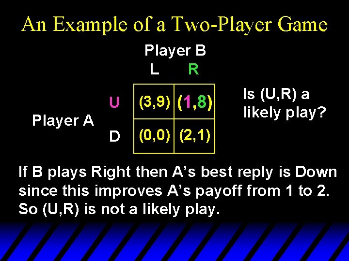 An Example of a Two-Player Game Player B L R Player A U (3,