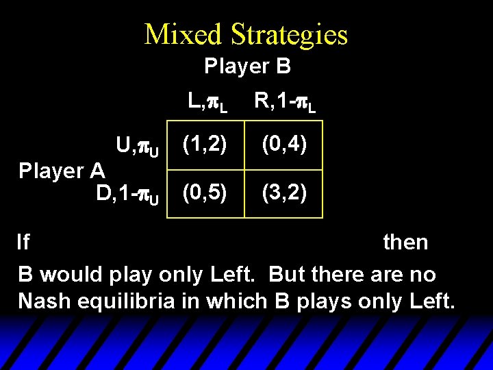 Mixed Strategies Player B U, p. U Player A D, 1 -p. U L,