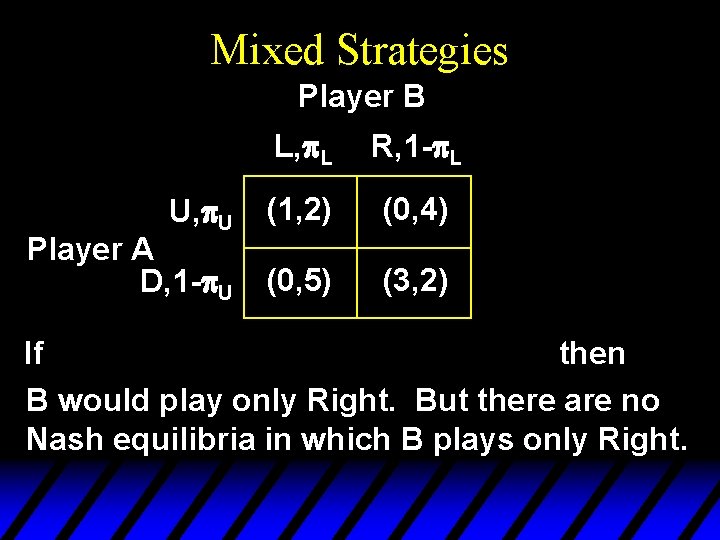 Mixed Strategies Player B U, p. U Player A D, 1 -p. U L,