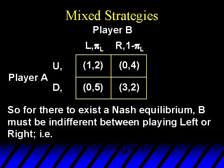 Mixed Strategies Player B Player A L, p. L R, 1 -p. L U,