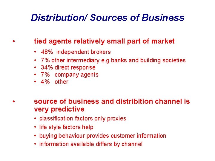 Distribution/ Sources of Business • tied agents relatively small part of market • •