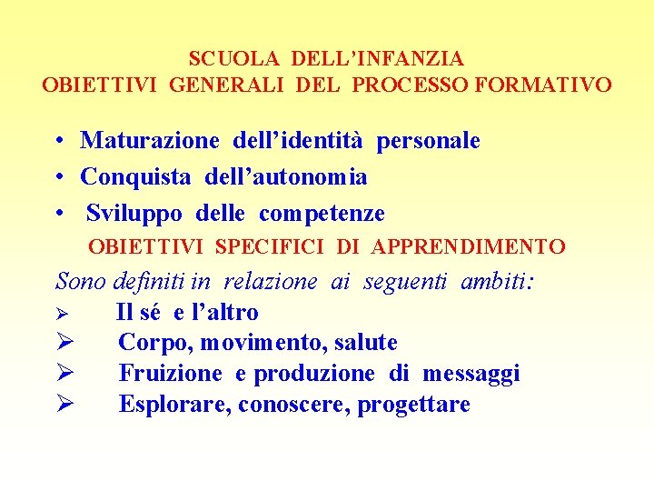 SCUOLA DELL’INFANZIA OBIETTIVI GENERALI DEL PROCESSO FORMATIVO • Maturazione dell’identità personale • Conquista dell’autonomia