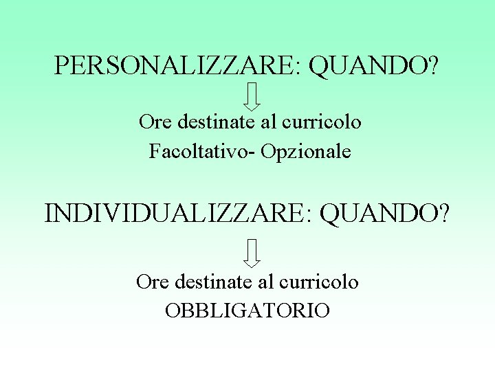 PERSONALIZZARE: QUANDO? Ore destinate al curricolo Facoltativo- Opzionale INDIVIDUALIZZARE: QUANDO? Ore destinate al curricolo